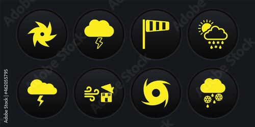 Set Storm, Cloud with snow, rain, sun, Tornado swirl, Cone windsock wind vane, and and icon. Vector