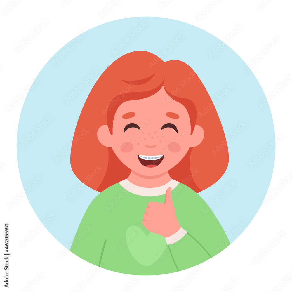 Girl with braces on teeth. Little girl portrait in circular frame. Vector illustration Girl with braces on teeth. Little girl portrait in circular frame. Vector illustration