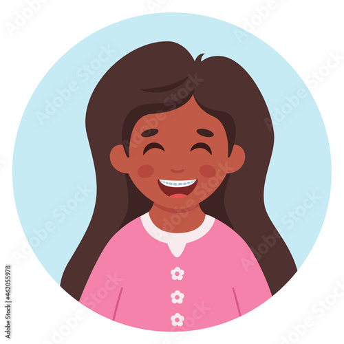 Girl with braces on teeth. Elementary school student. Little girl portrait in circular frame. Vector illustration