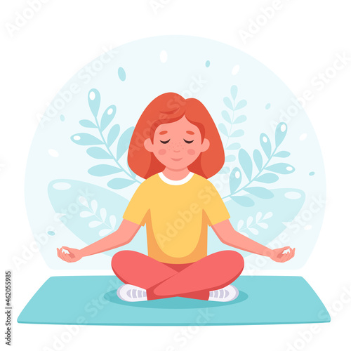 Girl meditating in lotus pose. Gymnastic  yoga and meditation for children. Vector illustration