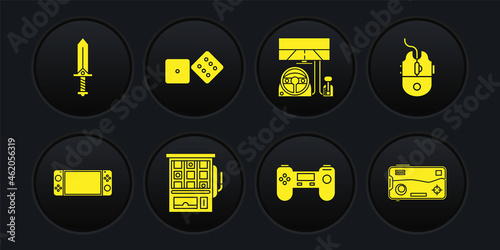 Set Portable video game console, Computer mouse gaming, Slot machine, Gamepad, Racing simulator cockpit, dice, Mobile and playing and Sword for icon. Vector