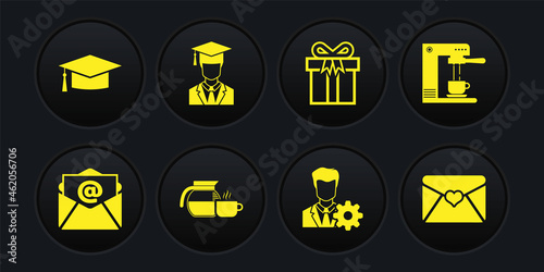Set Mail and e-mail, Coffee machine cup, pot with, Profile settings, Gift box and Graduate graduation cap icon. Vector