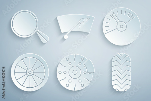 Set Car brake disk with caliper, Speedometer, wheel, tire, Windscreen wiper and mirror icon. Vector
