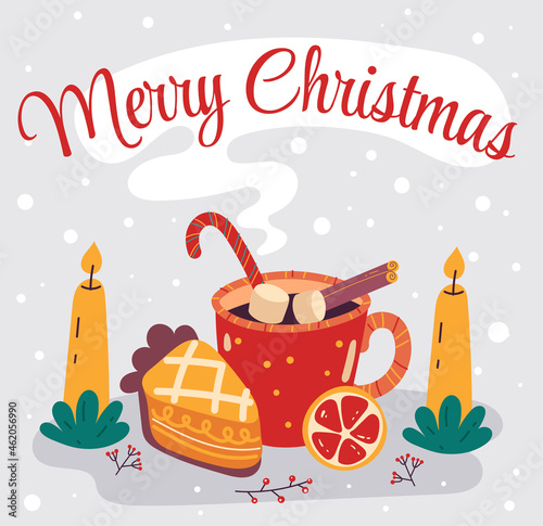 Christmas hot drink with piece pie. Merry Christmas and Happy New Year card vector flat hand drawn illustration