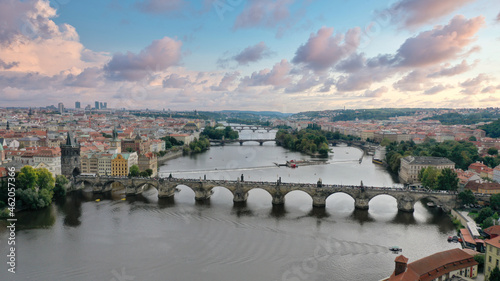 Sunrise Aerial View of Prague Cityscape and Charles Bridge - Karluv Most