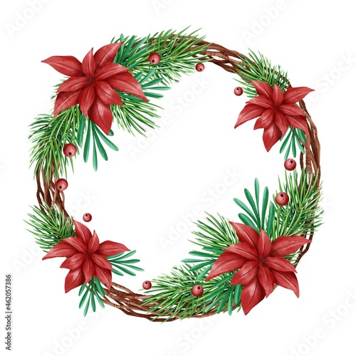 festive christmas wreath with flowers vector design illustration