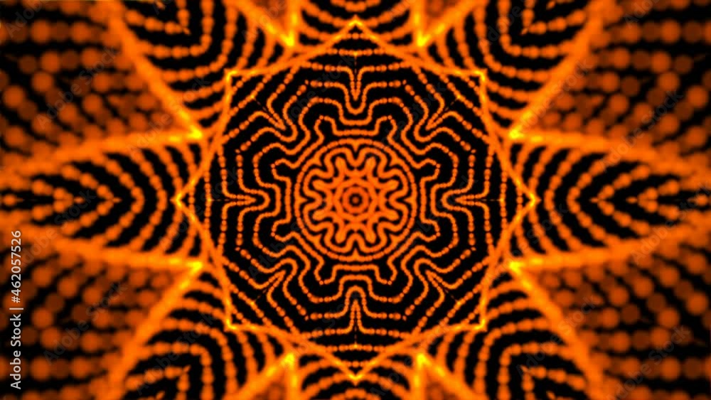 Abstract kaleidoscopic background. Symmetrical circular motion design. 3d rendering computer generated backdrop. Seamless loopable background.