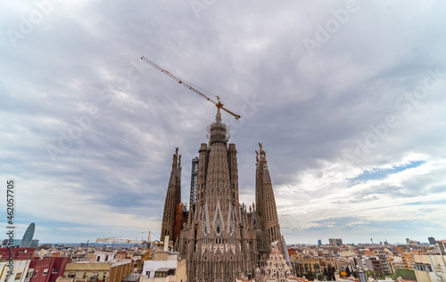 Wide Angle View of the Sagrada Familia Church with Downtown Barcelona in the background