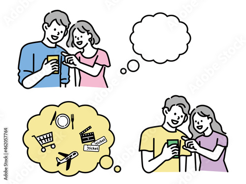 スマホを2人で眺める(予約、SNS、写真、デート、カップル、夫婦、旅行、買い物、相談、検索) Two people look at their smartphones.Reservations, SNS, photos, dates, couples, couples, travel, shopping, consultations.