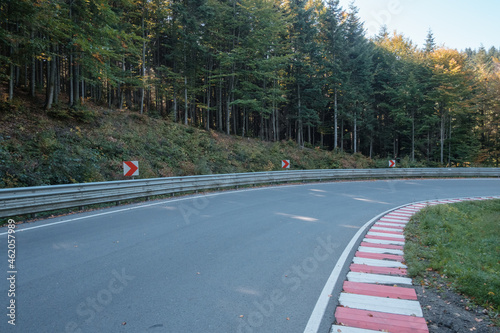Racing track in deep forest with red and white kerbs