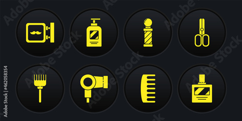Set Hairbrush, Scissors hairdresser, dryer, Classic Barber shop pole, Bottle of shampoo, Aftershave and Barbershop icon. Vector