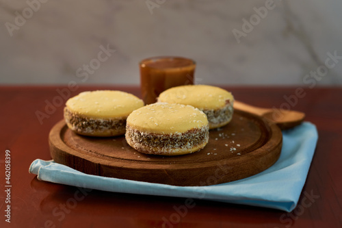 Alfajores made with cornstarch filled with caramel and coconut. Traditional Argentinean pastries.