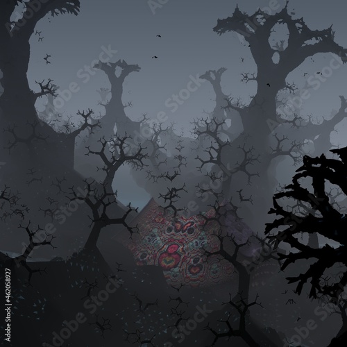 Bizarre background of a dark and misty forest.
