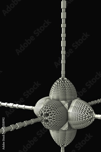A 3D fractal object building a recursive node on a black background.