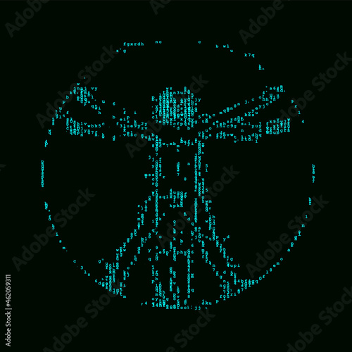 Halftone font illustration of Vitruvian Man. The proportions of the human body in circle photo