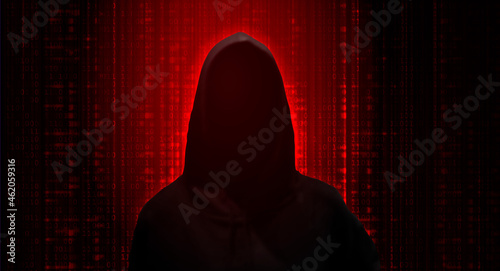 Spy agent, hacker. Mysterious man on dark red background