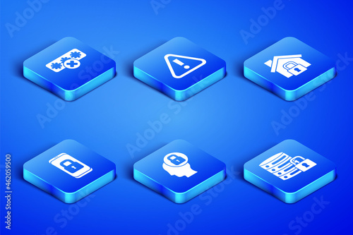 Set Server security with lock, Password protection, Human head, Mobile closed padlock, Exclamation mark in triangle and House under icon. Vector