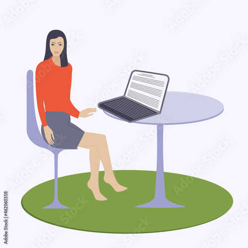 Girl writer, journalist ponders over the text at the working table, characteristic, - vector.