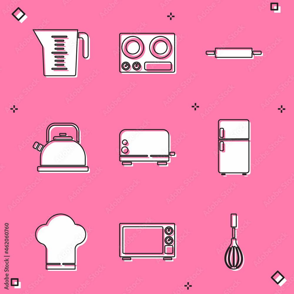 Set Measuring cup, Gas stove, Rolling pin, Kettle with handle, Toaster, Refrigerator, Chef hat and Microwave oven icon. Vector Set Measuring cup, Gas stove, Rolling pin, Kettle with handle, Toaster, Refrigerator, Chef hat and Microwave oven icon. Vector
