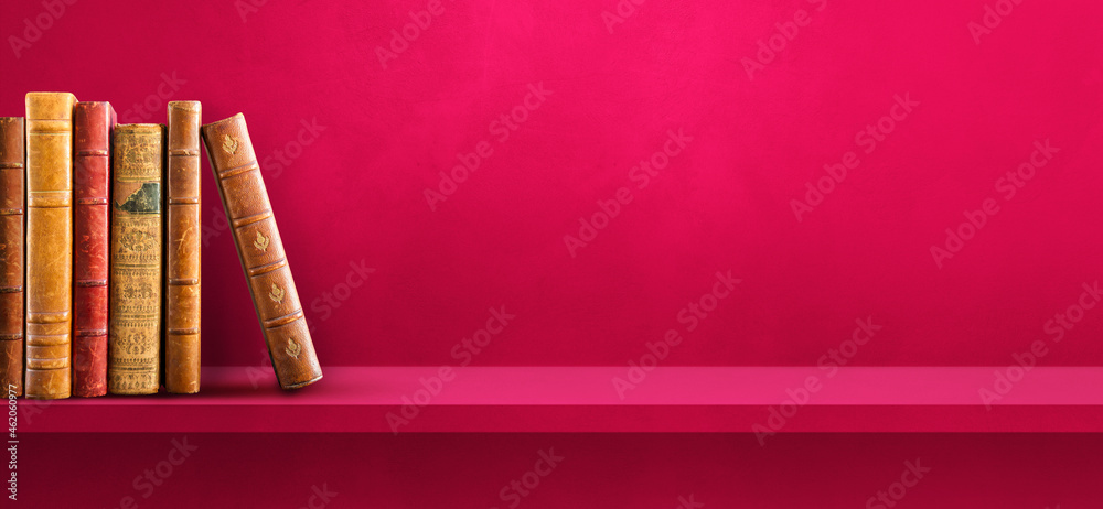 Row of old books on pink shelf. Background banner Row of old books on pink shelf. Background banner
