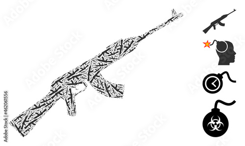 Vector kalashnikov gun mosaic is created of random recursive kalashnikov gun icons. Recursive mosaic from kalashnikov gun.