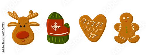 Set of Christmas tasty homemade cakes. Gingerbread cookie collection. Happy New Year cute illustration isolated on white background. Vector