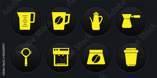 Set Coffee filter holder, turk, machine, Bag coffee beans, Teapot, cup, to go and Jug glass with water icon. Vector