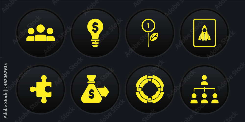 Set Piece of puzzle, Startup project concept, Money bag, Business lifebuoy, Dollar plant, Light bulb with dollar, Hierarchy organogram chart and Users group icon. Vector Set Piece of puzzle, Startup project concept, Money bag, Business lifebuoy, Dollar plant, Light bulb with dollar, Hierarchy organogram chart and Users group icon. Vector