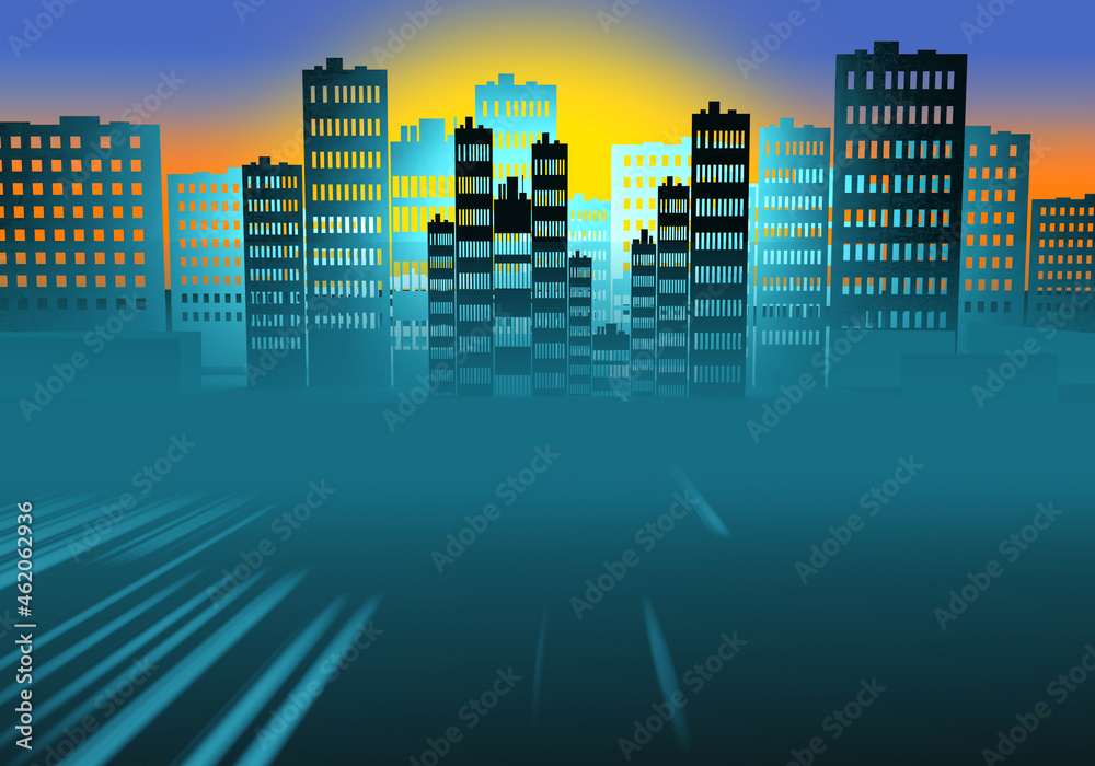 City landscape. Skyscrapers near city skyline. Downtown in fog. Visualization of skyscrapers on sunset background. City landscape with skyscrapers. Downtown skyline with place for text. 3d rendering.