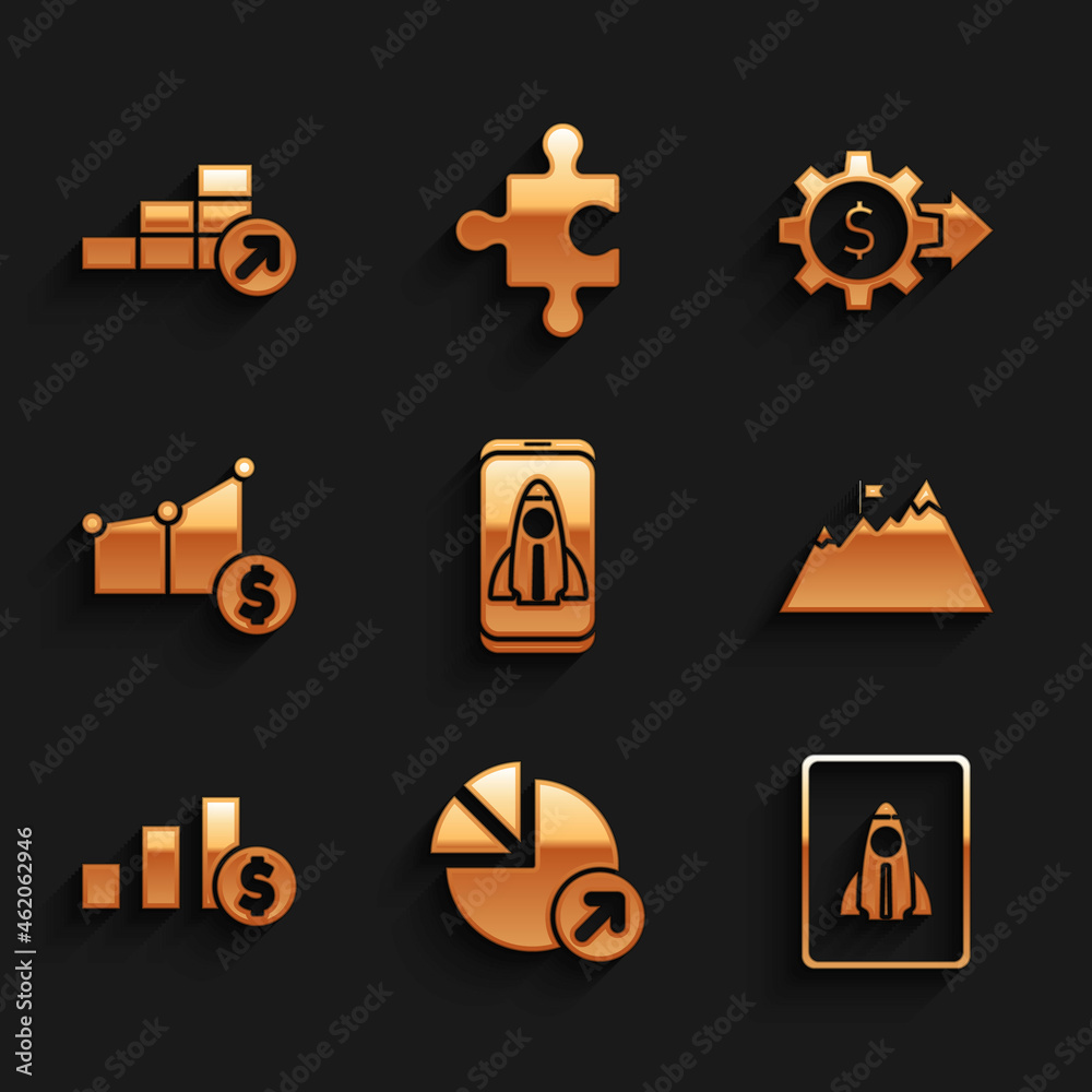 Set Startup project concept, Financial growth, Mountains with flag, Pie chart and dollar, Gear and icon. Vector Set Startup project concept, Financial growth, Mountains with flag, Pie chart and dollar, Gear and icon. Vector