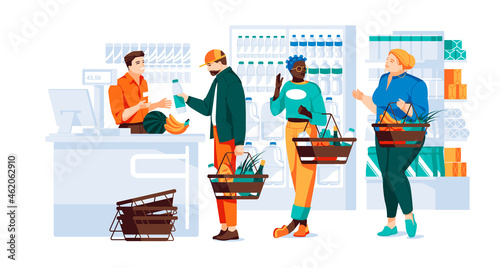 Different people with baskets are shopping at the grocery store. People near the cash register with the cashier. Shop interior with showcases on the background. Flat vector illustration. 
