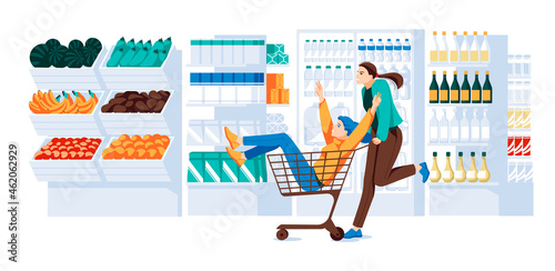 Two girls in a supermarket trolley ride in the supermarket. Showcases, refrigerator, shelves of goods, wooden boxes of vegetables and fruits. Flat vector illustration