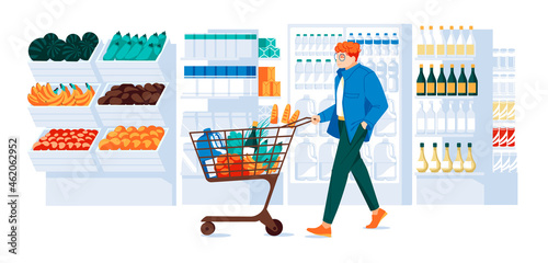 guy with trolley in the supermarket . Showcases, refrigerator, shelves of goods, wooden boxes of vegetables and fruits. Flat vector illustration
