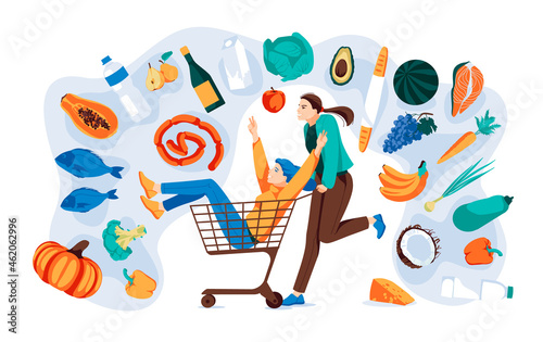 two girls ride in supermarket trolley with many goods, drinks, fresh fruits and vegetables around them. Supermarket and grocery store concept, Flat vector illustration