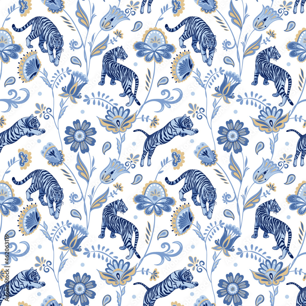 Blue nordic tigers and abstract folk flowers and leaves. Vector seamless pattern