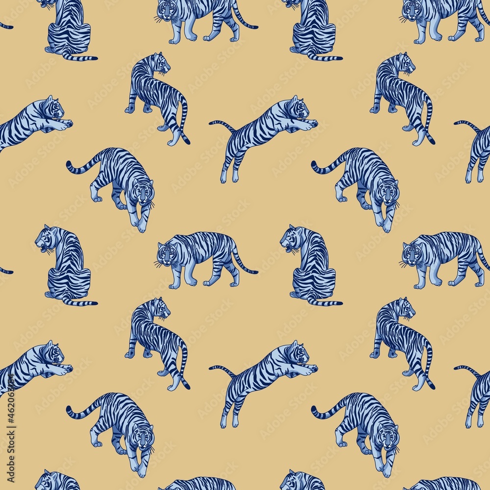 Blue nordic tigers seamless vector pattern