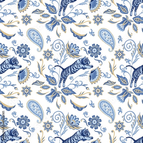 Blue nordic tigers and abstract folk flowers and leaves. Vector seamless pattern photo