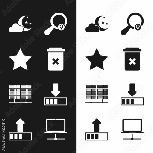 Set Trash can, Star, Cloud with moon and stars, Search location, Server, Data, Web Hosting and Loading icon. Vector