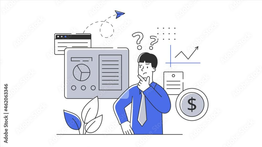 Confused office worker standing near financial chart. Decision making problem concept. Flat metaphor cartoon. Simple style 2d animation with alpha channel isolated on white background.