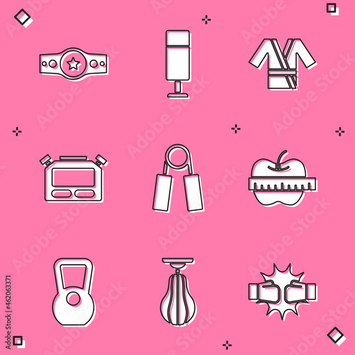 Set Boxing belt, Punching bag, Japanese costume Kimono, Stopwatch, Sport expander, Apple measuring tape, Kettlebell and icon. Vector