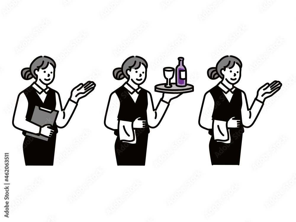 ウェイター、ウェイトレスのイラスト(店員、アルバイト、接客、オーダー、お酒、マナー) An illustration of a waiter and waitress.Clerk, part-time job, customer service, order, alcohol, manners. ウェイター、ウェイトレスのイラスト(店員、アルバイト、接客、オーダー、お酒、マナー) An illustration of a waiter and waitress.Clerk, part-time job, customer service, order, alcohol, manners.