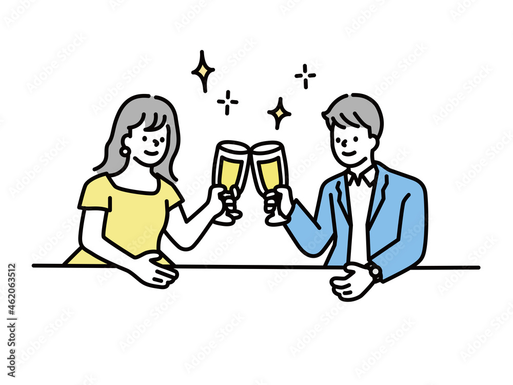 お酒を飲むイラスト(パーティー、乾杯、お祝い、合コン、お見合い、ディナー、カップル、夫婦、ワイン、記念日、オシャレ) Drinking illustration.Party, toast, celebration, gokon, matchmaking, dinner, couple, wine, anniversary, stylish.