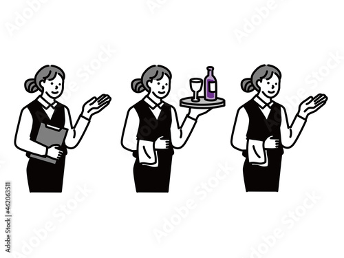 ウェイター、ウェイトレスのイラスト(店員、アルバイト、接客、オーダー、お酒、マナー) An illustration of a waiter and waitress.Clerk, part-time job, customer service, order, alcohol, manners.