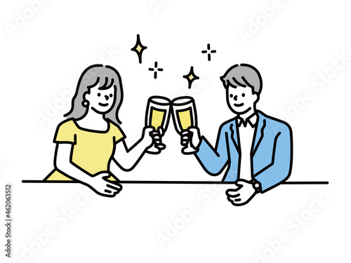お酒を飲むイラスト(パーティー、乾杯、お祝い、合コン、お見合い、ディナー、カップル、夫婦、ワイン、記念日、オシャレ) Drinking illustration.Party, toast, celebration, gokon, matchmaking, dinner, couple, wine, anniversary, stylish.