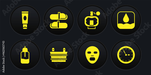 Set Essential oil bottle, Water drop, Sauna bucket, Facial cosmetic mask, Aftershave, slippers, clock and Cream or lotion tube icon. Vector