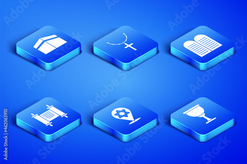 Set Holy grail or chalice, Kaaba mosque, Star of David, Decree, paper, parchment, scroll, Christian cross on chain and The commandments icon. Vector