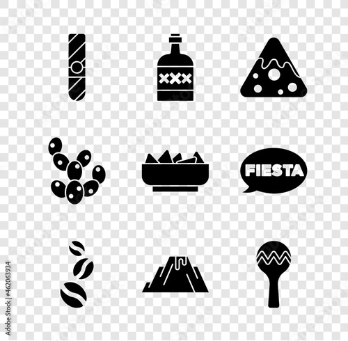 Set Cigar, Tequila bottle, Nachos, Coffee beans, Volcano eruption with lava, Maracas, Cactus and in bowl icon. Vector