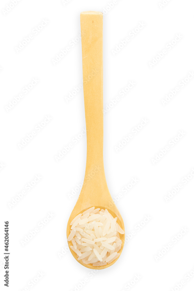 Top view of uncooked dry rice in wooden spoon isolated on white.	