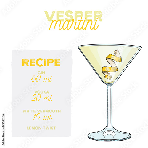 Hand Drawn Colorful Vesper Martini Summer Cocktail. Drink with Ingredients photo
