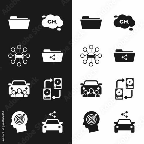 Set Share folder, Car sharing, Folder, Methane emissions reduction, and Data exchange with hhd icon. Vector